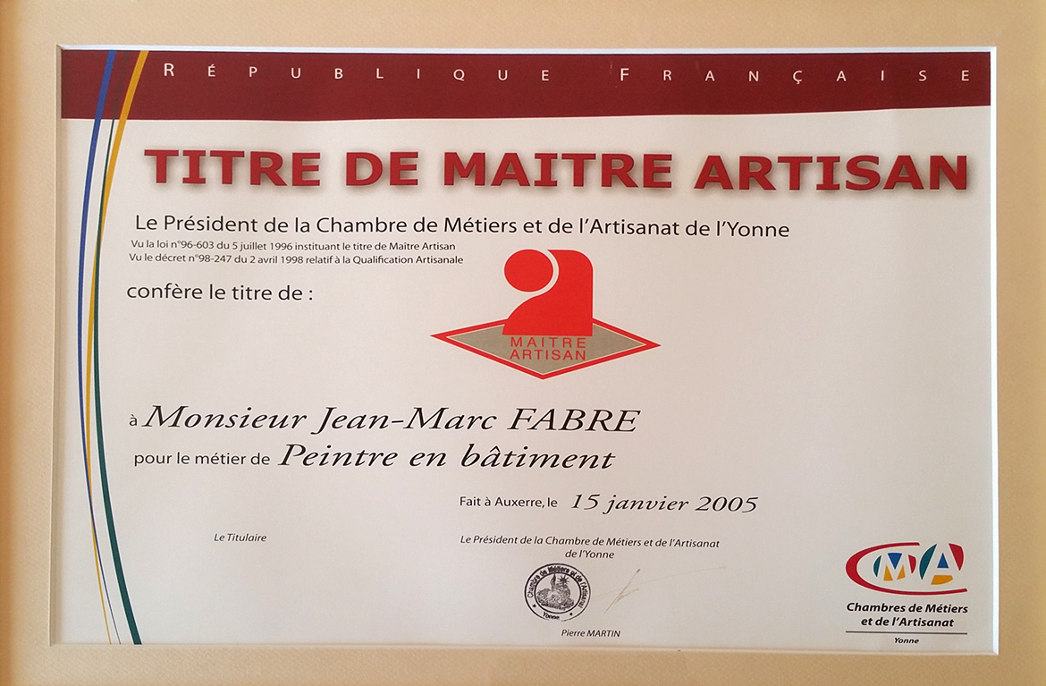 Titre de maître artisan - distinctions Jean Marc Fabre 2005